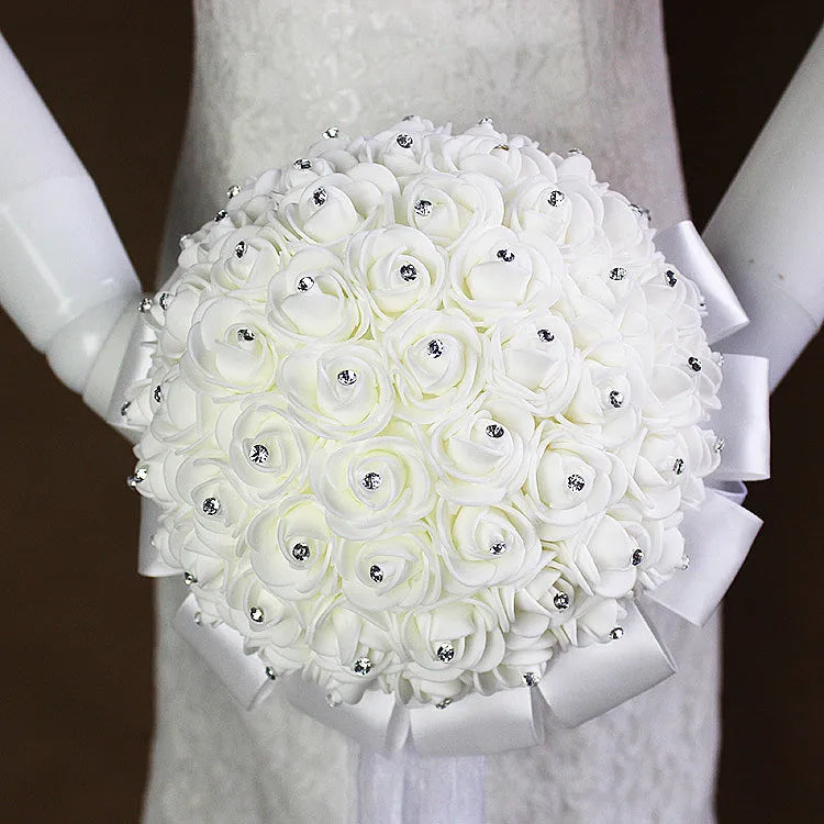 AYiCuthia boeket zijde bloemen Bridesmaid Wedding Foamflowers White Rose Bridal bouquet White Satin Romantic Wedding bouquet S21
