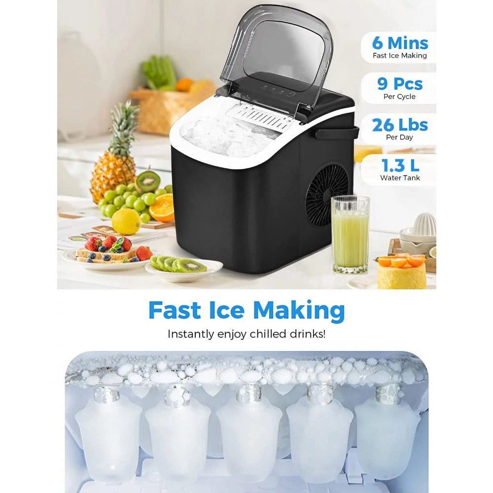 Countertop Ice Maker Portable Ice Machine with Handle for Home Kitchen Bar Party, Black