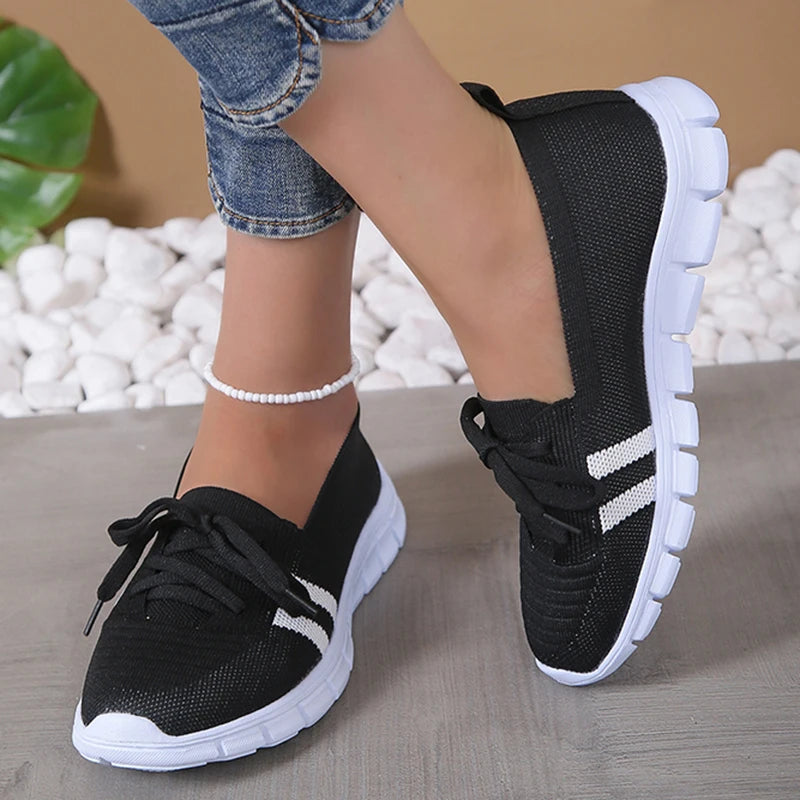 Mesh Knitted & Striped Flats Shoes  Lace Up Casual Sneakers Woman