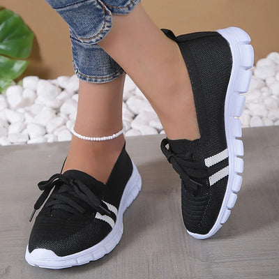 Mesh Knitted & Striped Flats Shoes  Lace Up Casual Sneakers Woman