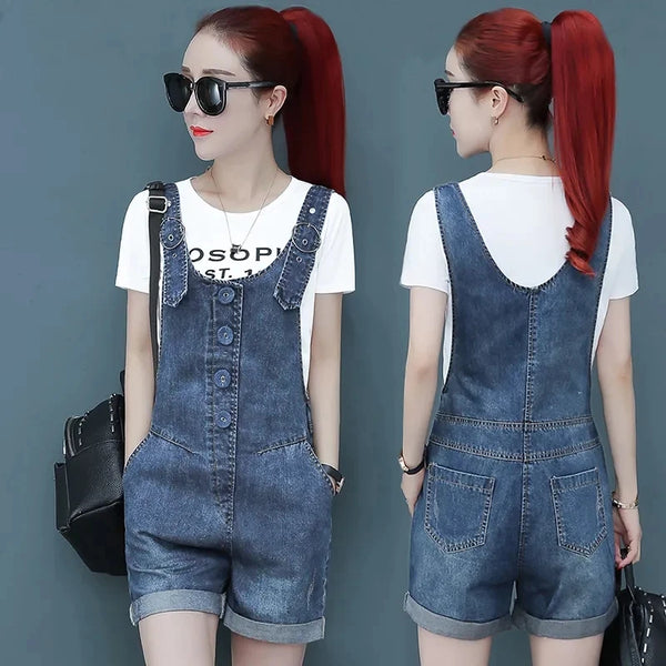 Baggy Solid Suspender Denim Rompers For Women