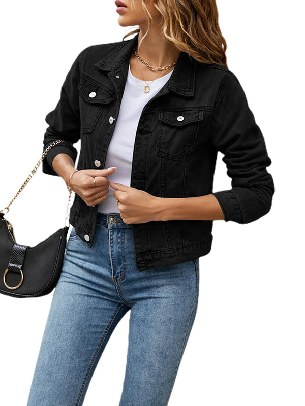 Women Denim Jacket Long Sleeve Button Down  Fit Jean Jacket with Chest Pockets