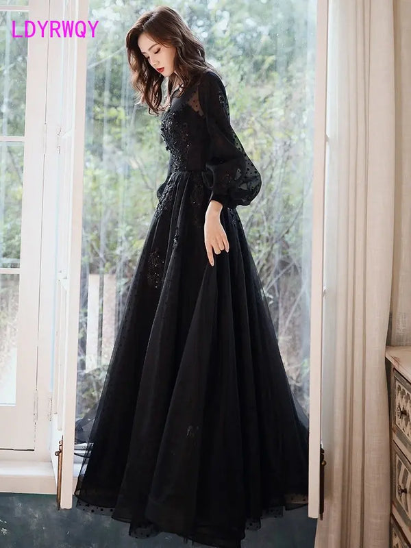 French black new long-sleeved long dress performance mesh