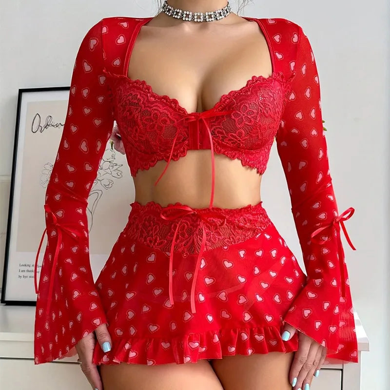 Toucheart 3 Piece Set See-through Sexy Lingerie For Women Red Love Bra Mesh Patchwork Ruched Lace Up Skirt Thong Sexy Suit New
