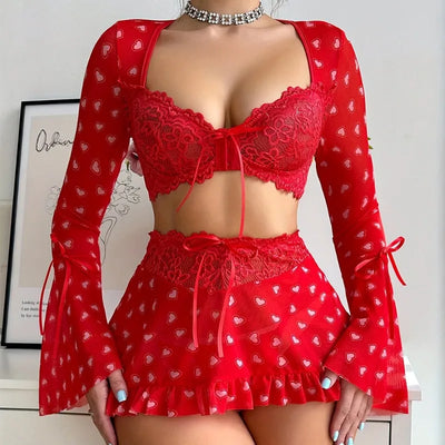 Toucheart 3 Piece Set See-through Sexy Lingerie For Women Red Love Bra Mesh Patchwork Ruched Lace Up Skirt Thong Sexy Suit New
