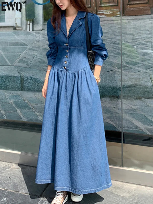 Suit Collar Long Sleeve Medium Length Waistband Long Denim Dress For Women