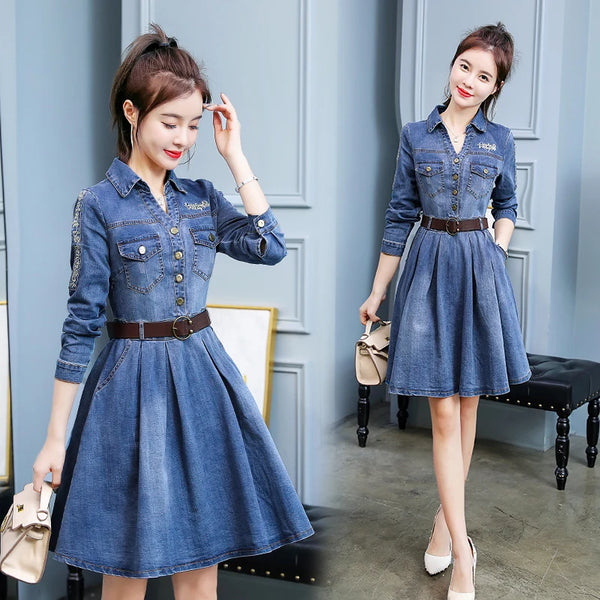 Blue Women Jeans Dress  Long Sleeve Denim