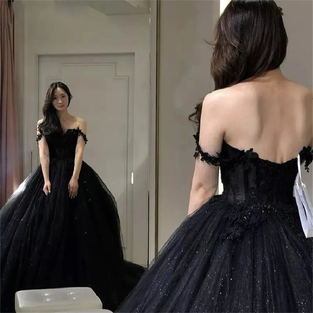 Sexy Black Prom Dresses Sweetheart Off The Shoulder A-Line Tulle Lace Applique Backless Vestidos De Gala Evening Gowns For Women