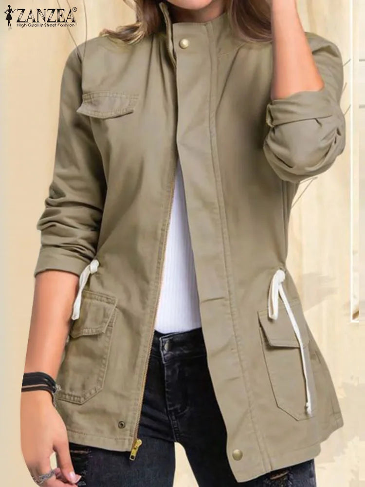 ZANZEA Solid Jackets Vintage Zipper Coats Women Long Sleeve