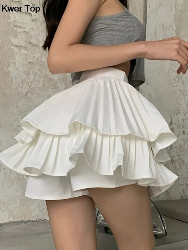 Woman Solid Y2K Pleated White Skirt - High Waist Layered Ruffles Mini Skirt