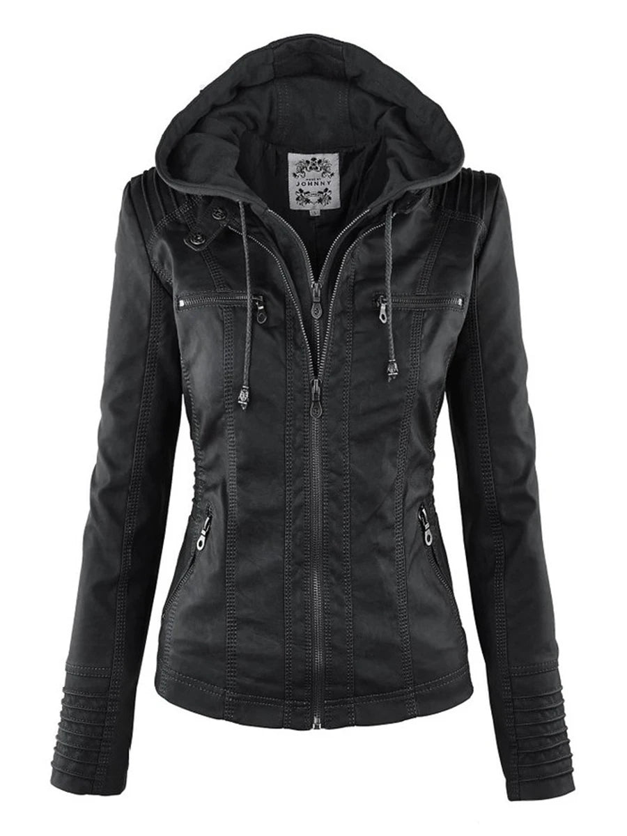 Faux Leather Jacket Women Khaki Winter Motorcycle Jacket