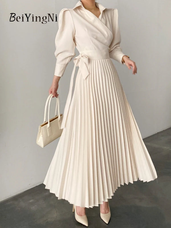 Beiyingni Elegant Stylish Women Puff Sleeve Pleated Long Dress