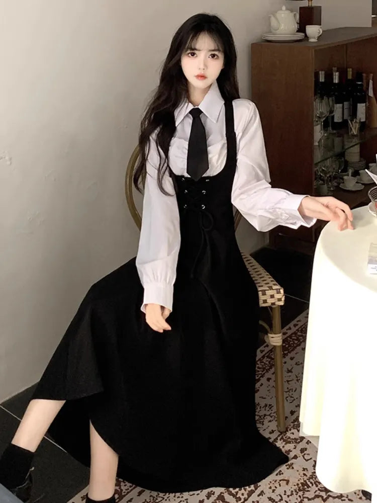 Sets Women Preppy Style Sleeveless Fashion Midi Dresses Elegant Simple Classic Shirts Schoolgirls Sweet Korean Slim Two Pieces