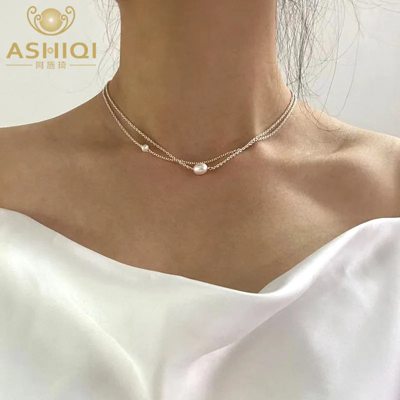 ASHIQI Natural Freshwater Pearl  Necklace for Women 925 Sterling Silver Chain Fashion Jewelry Gift