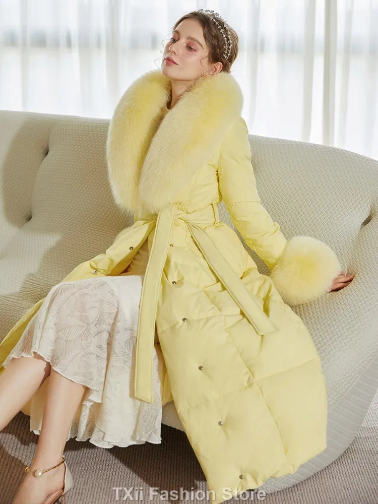 Yellow Luxury Natural Fox Fur Coat Thick Warm Down Coat