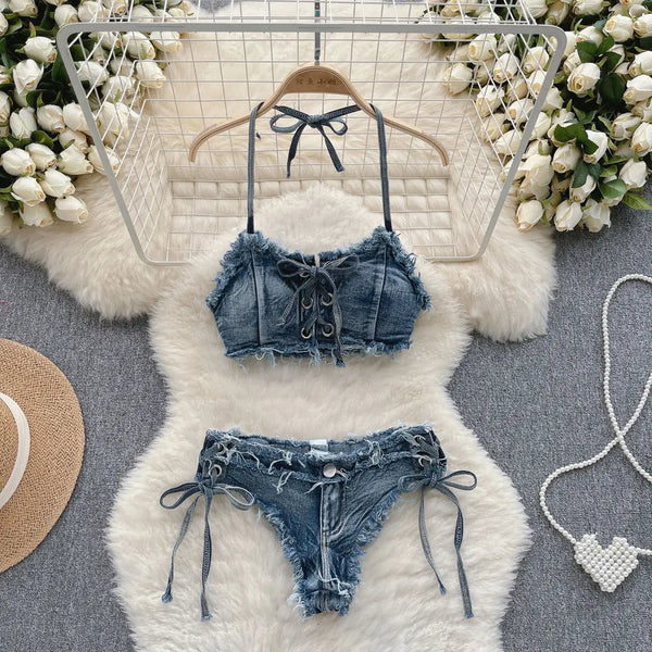 Sexy Set Of Bikinis - Denim Strap Vest and Low Waist Shorts Bathing Suit