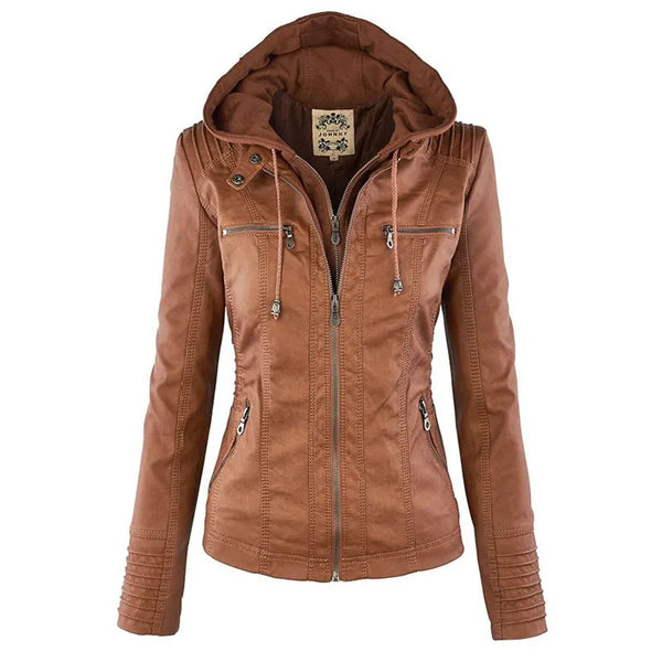 Faux Leather Jacket Women Khaki Winter Motorcycle Jacket