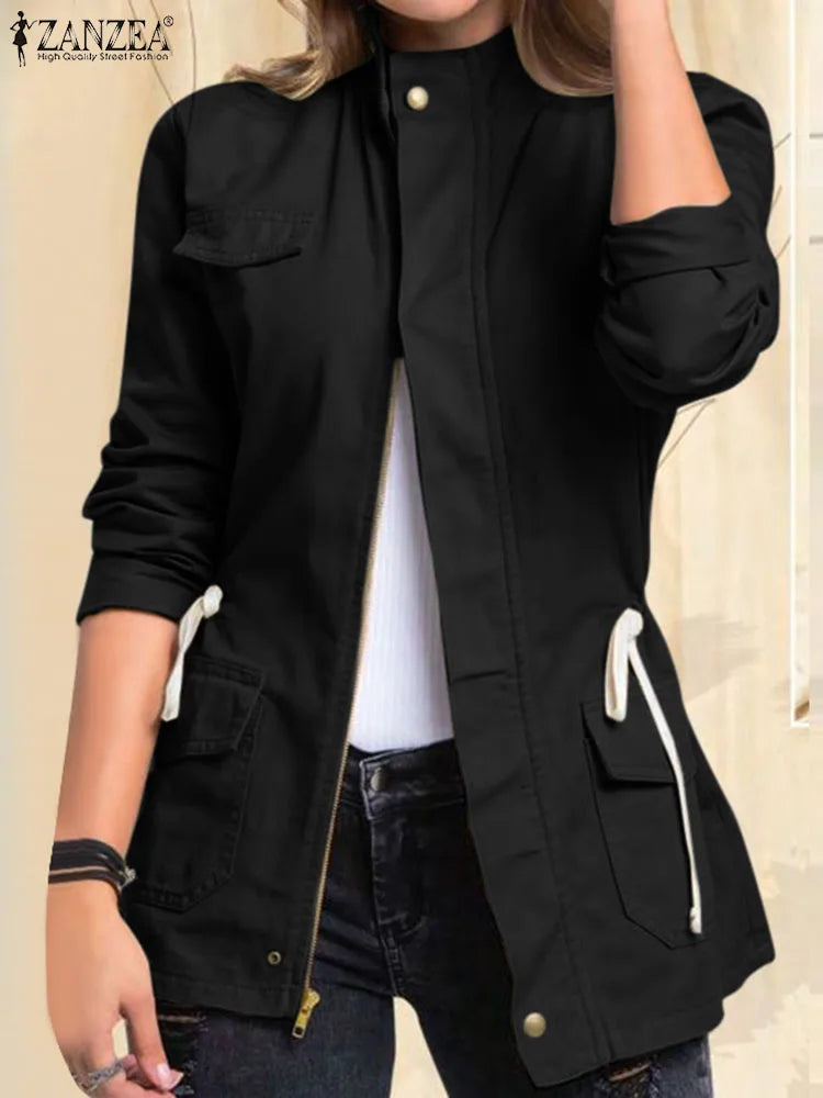 ZANZEA Solid Jackets Vintage Zipper Coats Women Long Sleeve