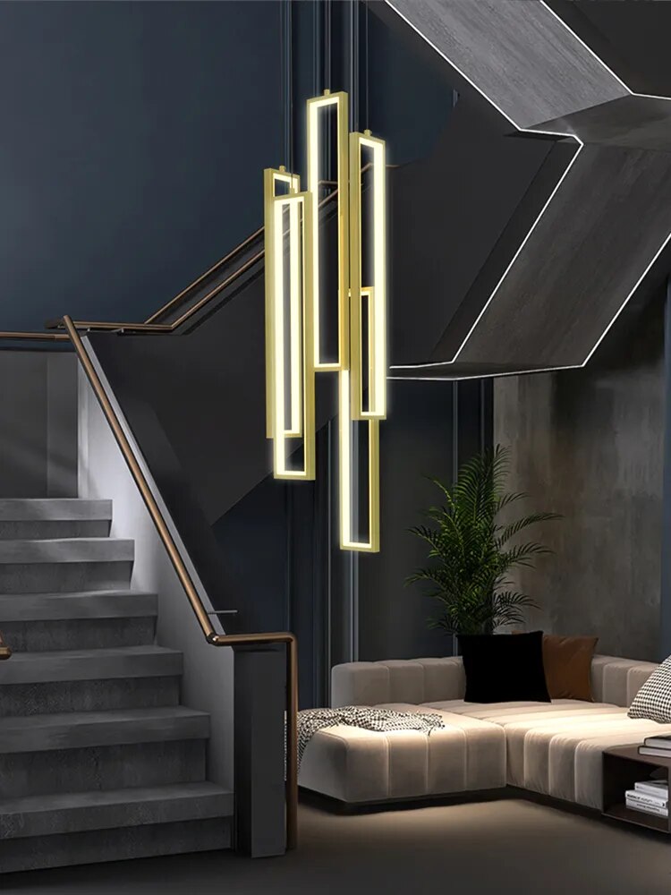 Minimalist Staircase Chandeliers Modern Lighting Fixtures in Loft Apartments Square LED Pendant Lamp Hall Hanging Chandelier