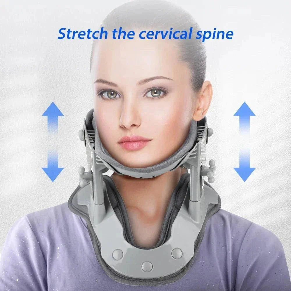 Woman wearing adjustable heating neck stretch collar cervical traction device for neck pain relief and spine support