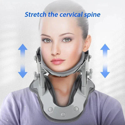 Woman wearing adjustable heating neck stretch collar cervical traction device for neck pain relief and spine support