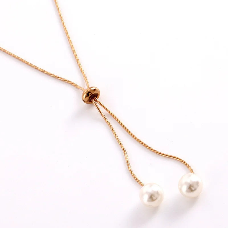Fashion Simple Gold Color Pearl Necklaces for Women Long Tassel Pull Design Clavicle Chains Necklace Jewelry Collares