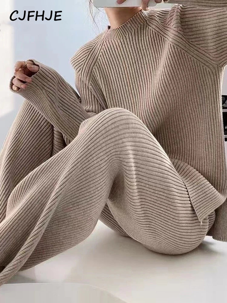 CJFHJE New Knitted Sweater Suit Women Elegant - Wide Leg Pants