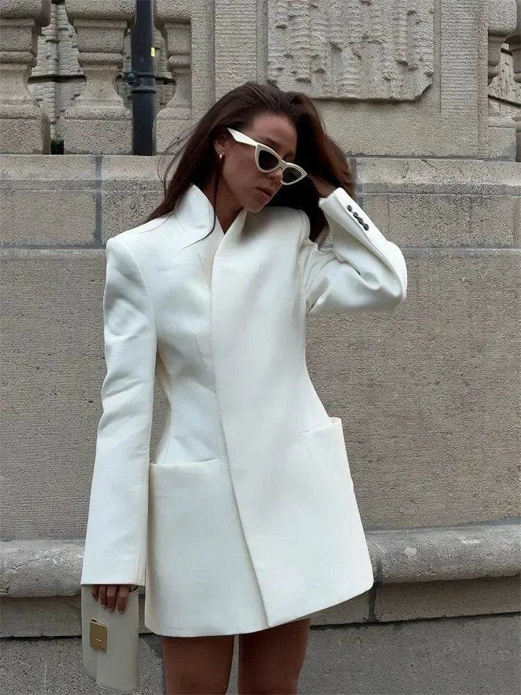 Women’s High Street Polyester Jacket – Stand Collar, Open Stitch Design