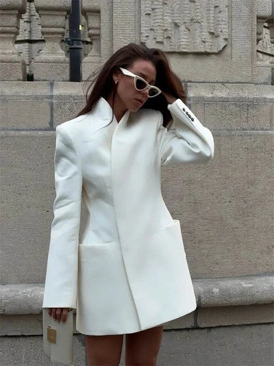 Women’s High Street Polyester Jacket – Stand Collar, Open Stitch Design