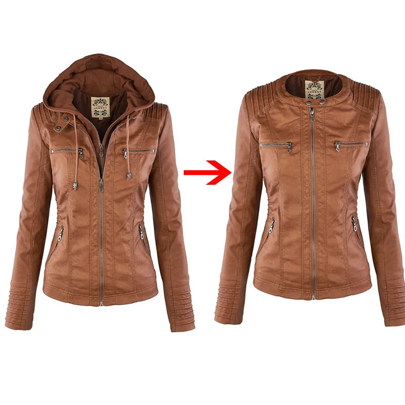 Faux Leather Jacket Women Khaki Winter Motorcycle Jacket