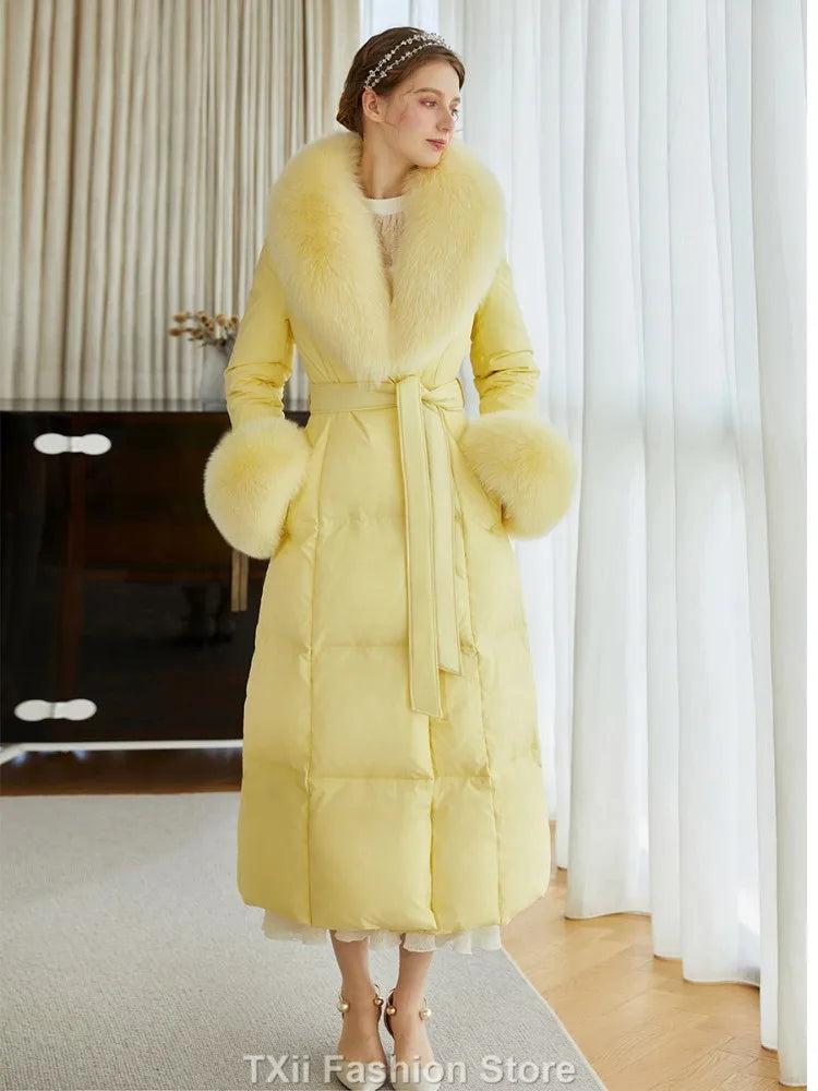 Yellow Luxury Natural Fox Fur Coat Thick Warm Down Coat