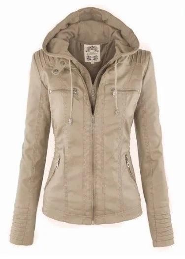 Faux Leather Jacket Women Khaki Winter Motorcycle Jacket