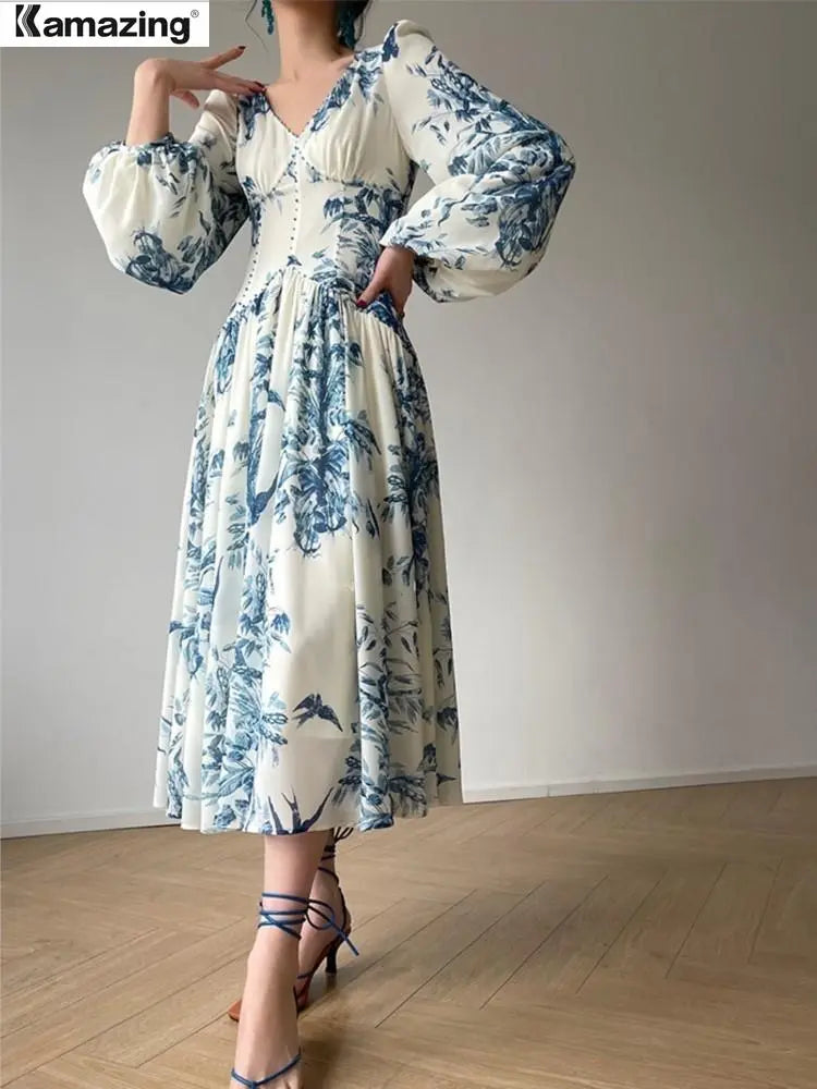 French Vintage Floral Print Party Midi Dresses Elegant V-Neck Lantern Sleeve Prom Clothes Vestidos Robe