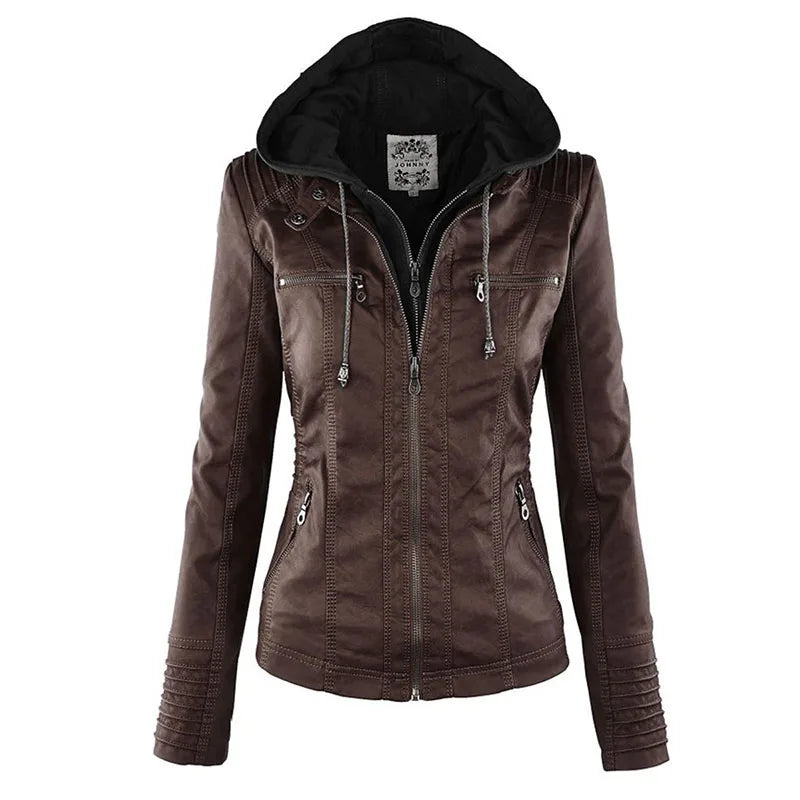 Faux Leather Jacket Women Khaki Winter Motorcycle Jacket