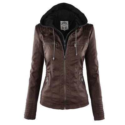 Faux Leather Jacket Women Khaki Winter Motorcycle Jacket